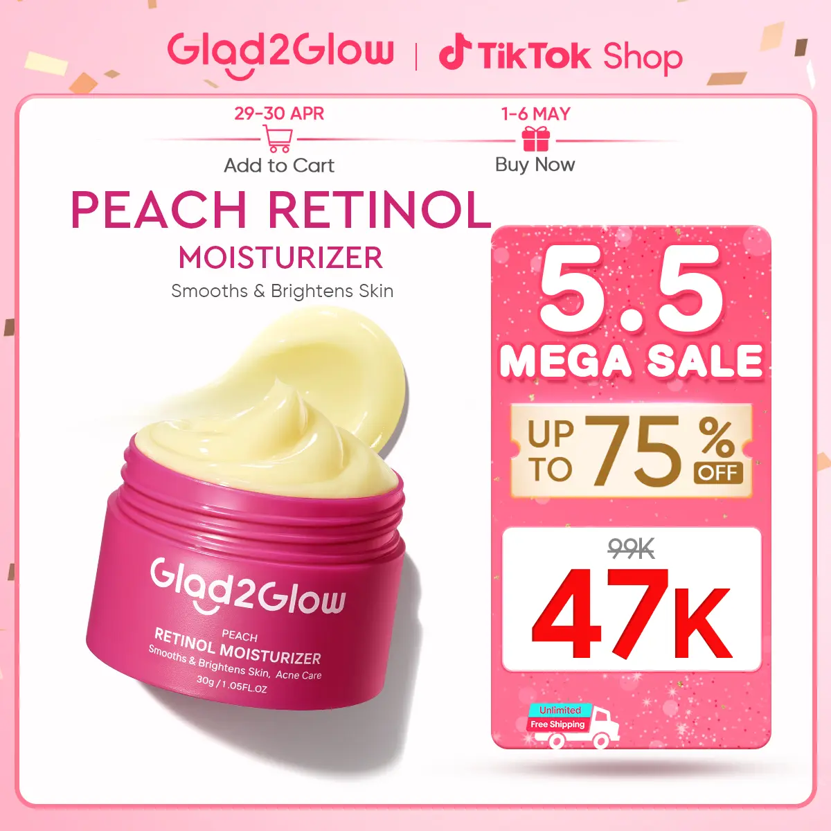 Glad2Glow Retinol Moisturizer Peach 30g Moisturizer g2g Moist Pelembab Wajah Anti Aging Retino Retinol Cream Facial Moisturizer Krim Wajah Mencerahkan untuk membantu melawan tanda-tanda penuaan dini day cream night cream Pelembab Perawatan