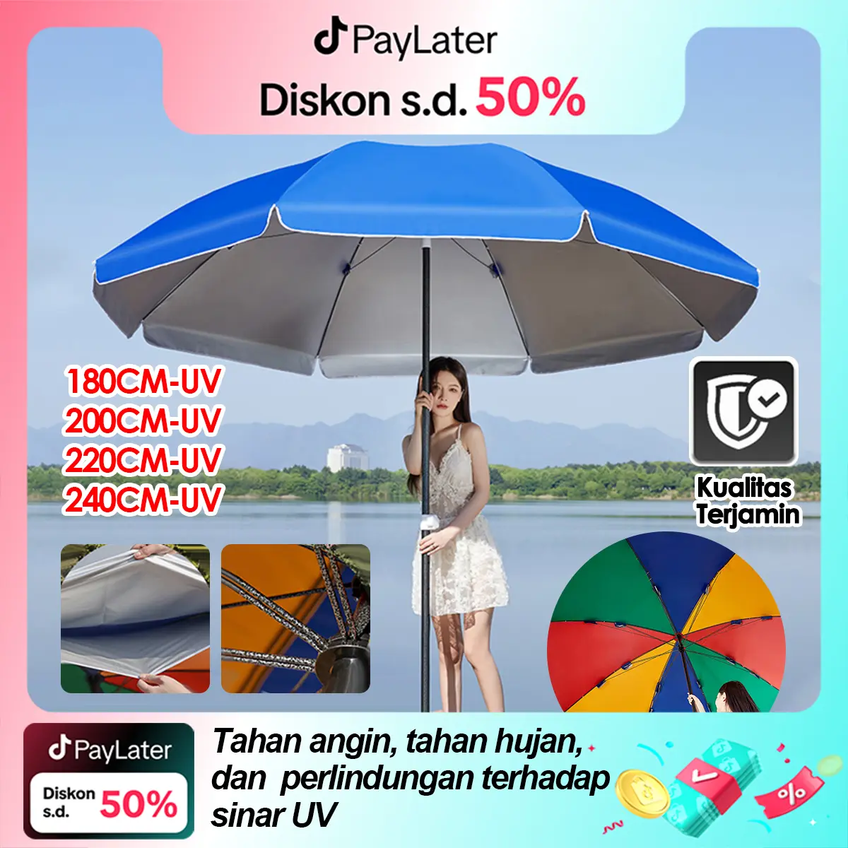 Tenda Payung Event Pantai Cafe 240 cm Dua Lapis Dobel Jari Jumbo Anti UV Anti Angin