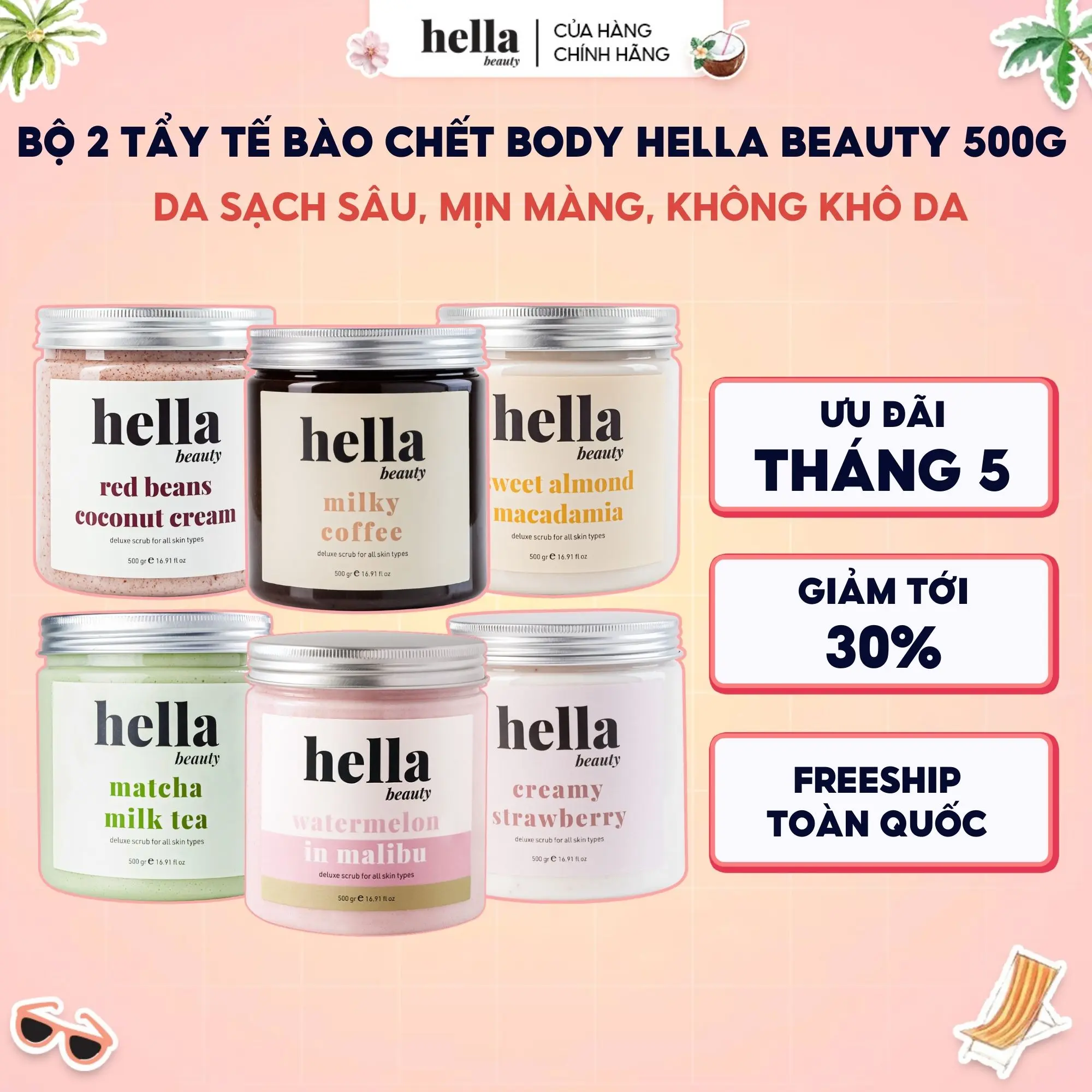 Bộ 2 Tẩy Tế Bào Chết Body Hữu Cơ 500g Hella Beauty Loại Bỏ Tế Bào Chết, Làm Sạch Da