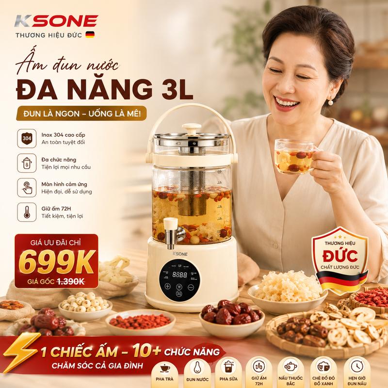 (Dung tích 3Lit) Ấm Đun Nước Đa Năng KSONE có vòi - 8 chế độ đun sôi, giữ ấm, tuỳ chỉnh nhiệt độ dùng để pha trà, nầm ninh nấu lâu những món chè...