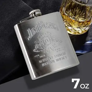 Botol Wadah Minum Minuman Beer Bir Wine Whiskey Whisky Hip Flask Jim Beam 7 oz Stainless Steel - F0212 - Silver