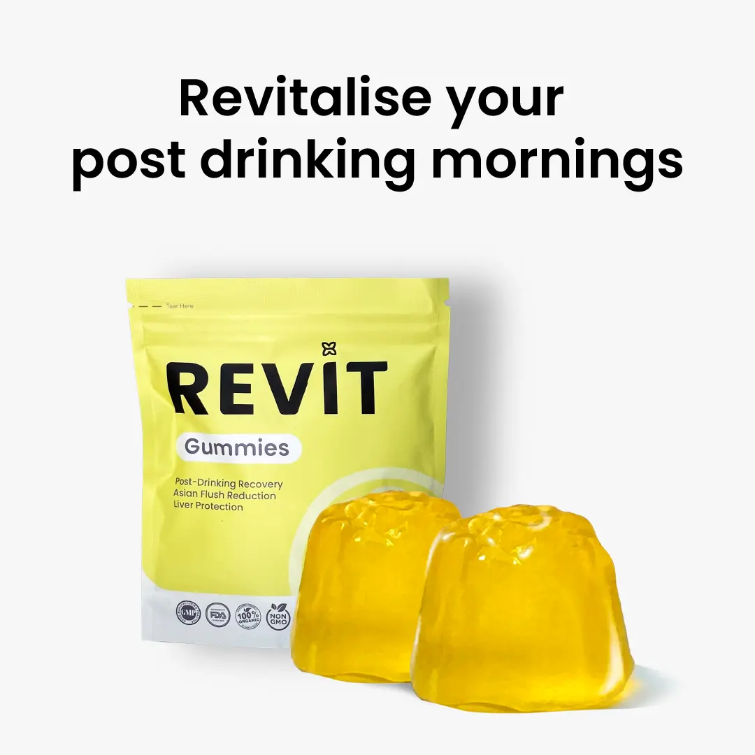 Revit Anti-Hangover Gummies | Liver Protection | Asian Flush Reduction | Vitamins and Nutrients Replenishment | All-Natural + Honey Lemon + Individually Packed Edible Healthcare Supplement