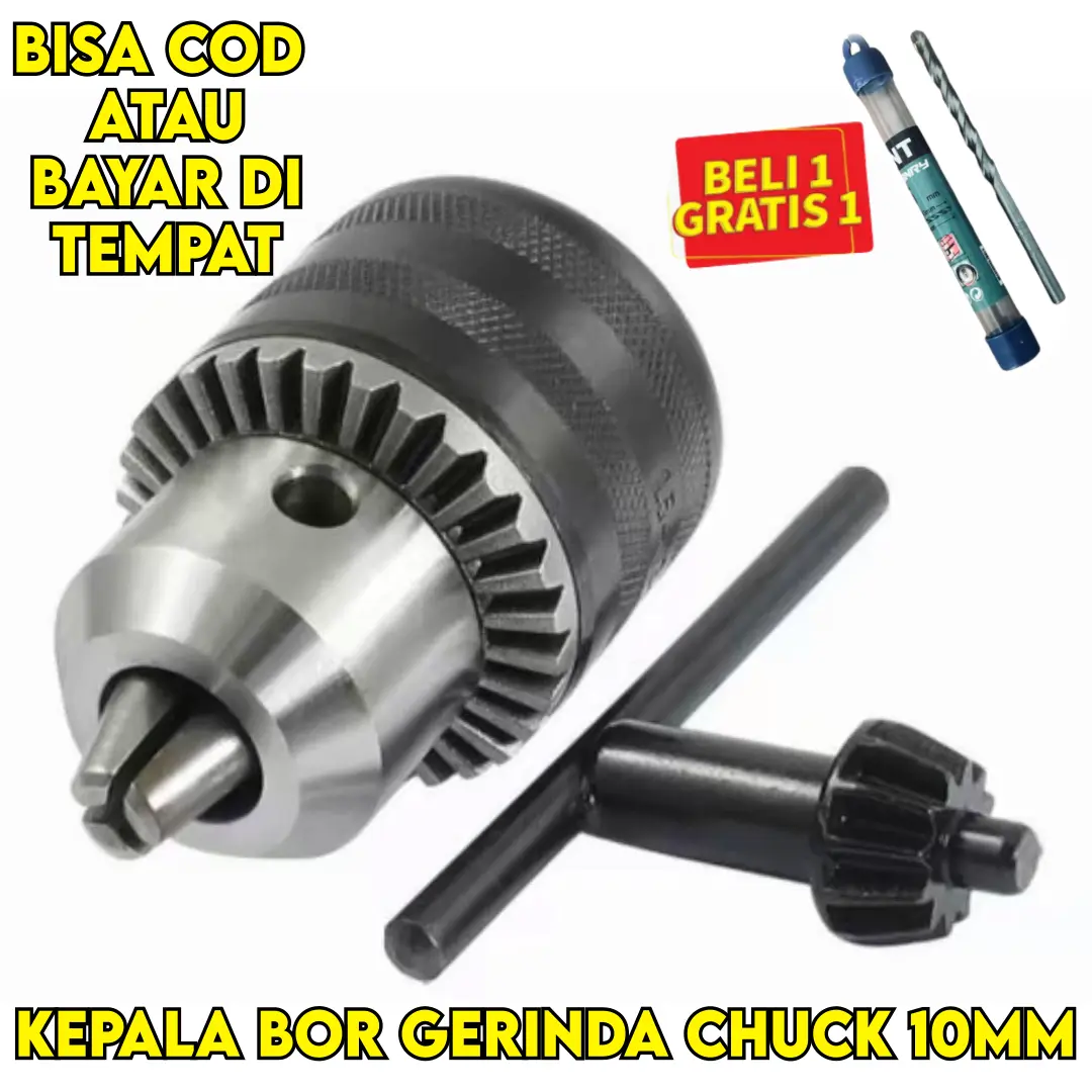 Kepala Chuck Bor 10MM Keyless Perkakas Bor Tangan - Drill Chuck Dapat 1 Mata Bor Beton 6mm