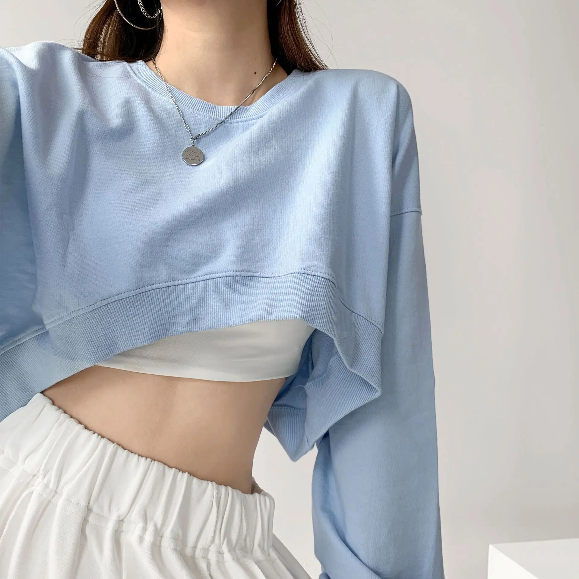 Áo Thun ngắn Tay Áo, Phong Cách Hàn Quốc, Dành Cho Nữ, Màu Trơn Cổ Tròn, Áo Len