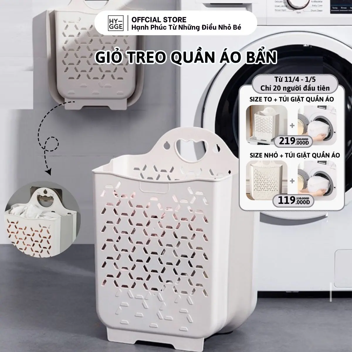 [MỪNG 30/4-1/5] Giỏ Đựng Quần Áo Bẩn Gấp Gọn Kèm Miếng Dán Treo Tường Trong Nhà Tắm, Sọt Đựng Quần Áo Bẩn Treo Tường HYGGE Rổ SP2014