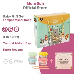 Momsun 6 in 1 Set Tempat MPASI Kaca Hampers Baby Gift Set Wadah MPASI Kaca Kado Lahiran Bayi + Sendok MPASI Silicon Bayi