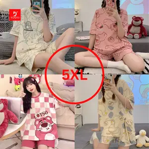 Yooyi Baju Tidur Wanita Jumbo 5XL Piyama Satu Set Lengan Pendek Celana Pendek Motif Kartun Lucu Setelan Tidur Hotpants Murah Model Kaos Korea 013 Baju  Tidur Loose Piyama Wanita Dewasa