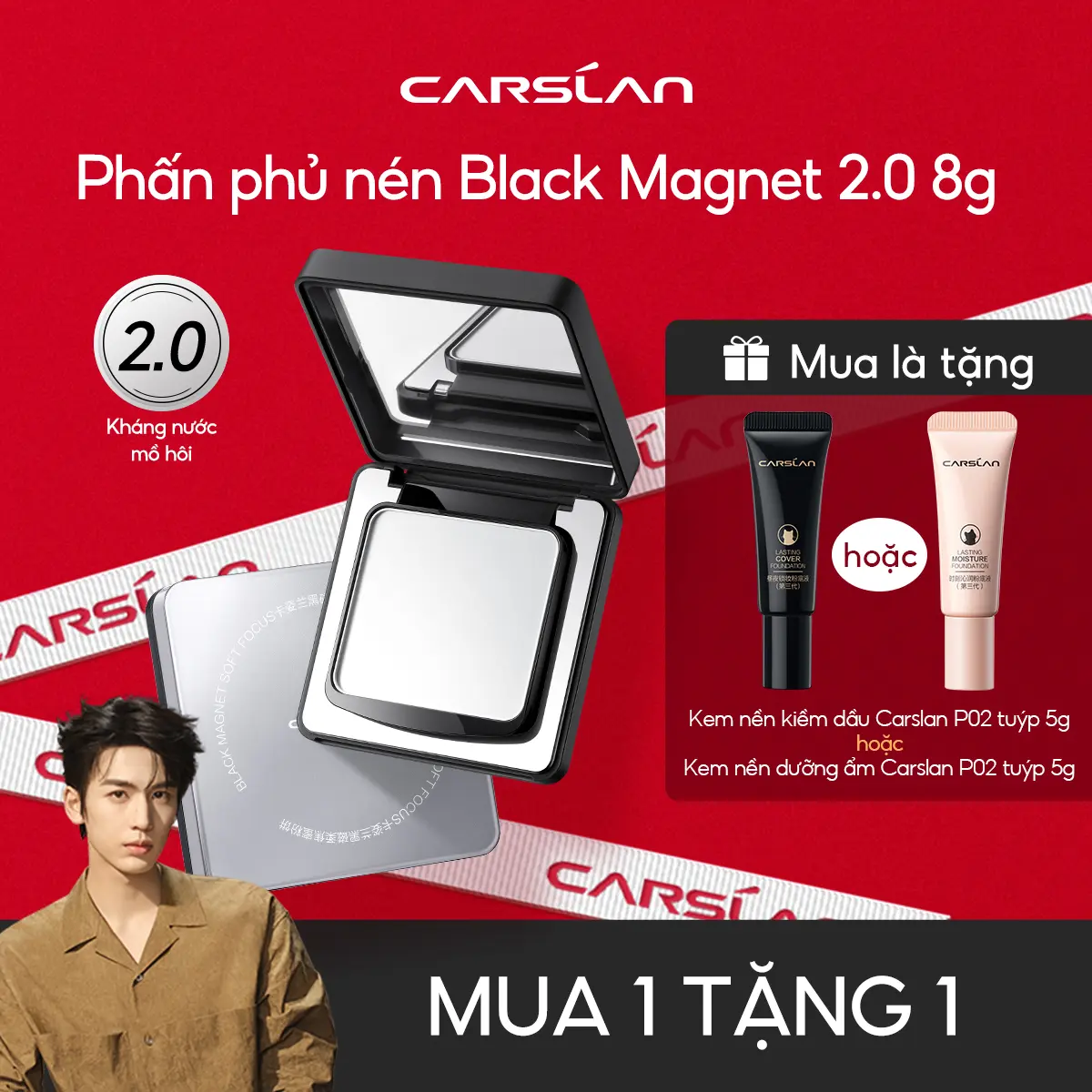 Phấn nén Black Magnet phiên bản mới 2.0 Carslan, Bám nền lâu, Kháng nước tốt 8g,[Mua 1 Tặng 1] Kem nền dạng lỏng minisize 5g*1