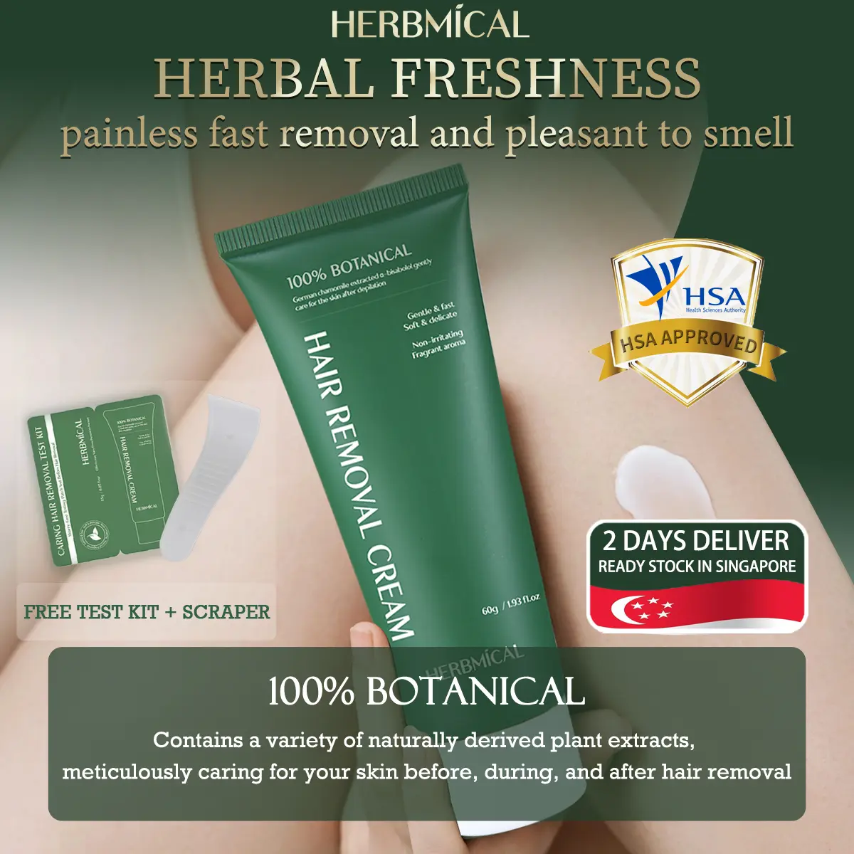 【HSA APPROVED】Hair removal Cream HERBMICAL 60g intimate Painless Effective depilation Cream for Hand Leg Armpit Pubic Serum to prevent hair regrowth