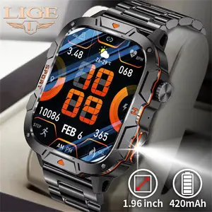 LIGE Jam Tangan Pintar Layar HD 1.96 "Baru Pria dengan Senter LED Baterai Besar 420MAh Panggilan Bluetooth Tahan Air Smartwatch