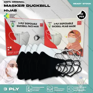 Masker Duckbil Hijab 3Ply isi 50Pcs Putih Hitam Abu Warna Duckbill Headloop Surgical Mask Dewasa tali Karet elastis