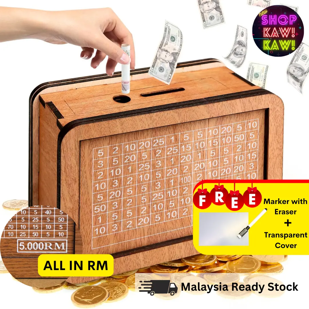 ShopKawKaw | Money Box Piggy Bank Wood Money Bank, Kotak Simpanan Wang Kayu Dengan Matlamat Boleh Digunakan Semula, Bekas Wang Tabung Kayu Bank Reusable Money Box With Saving Goal