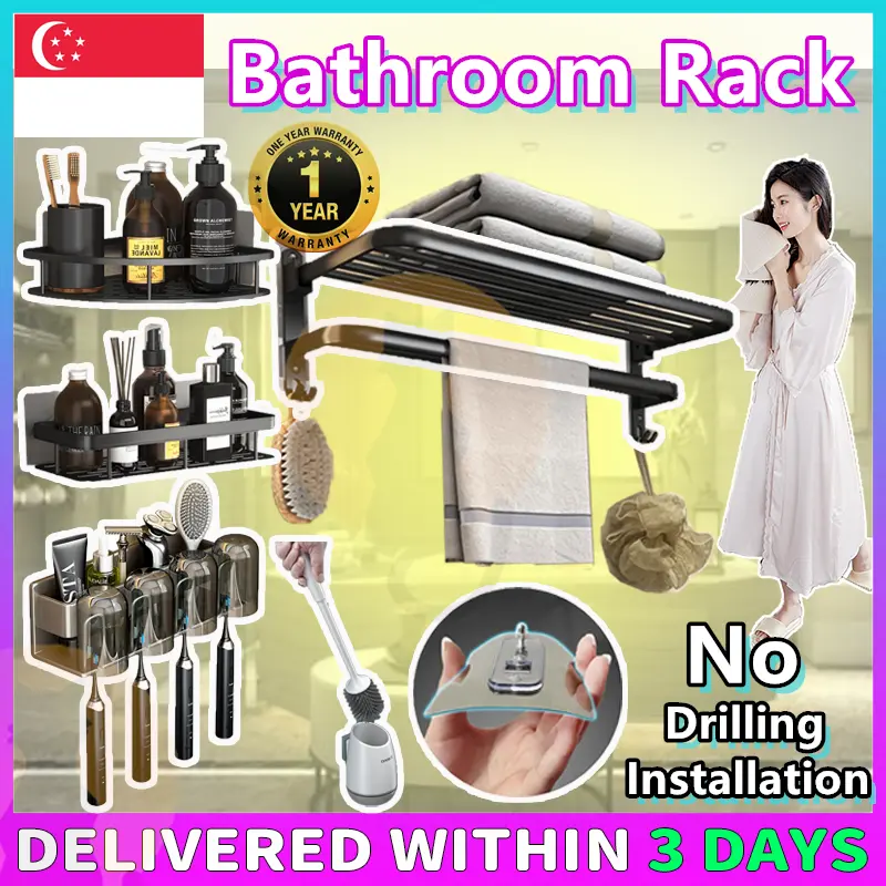 [SG Ready Stock] Bathroom Shelf Toilet Rack Accessories Bathroom Storage Corner Shelve Kitchen Wall Dinding Shampoo Rak