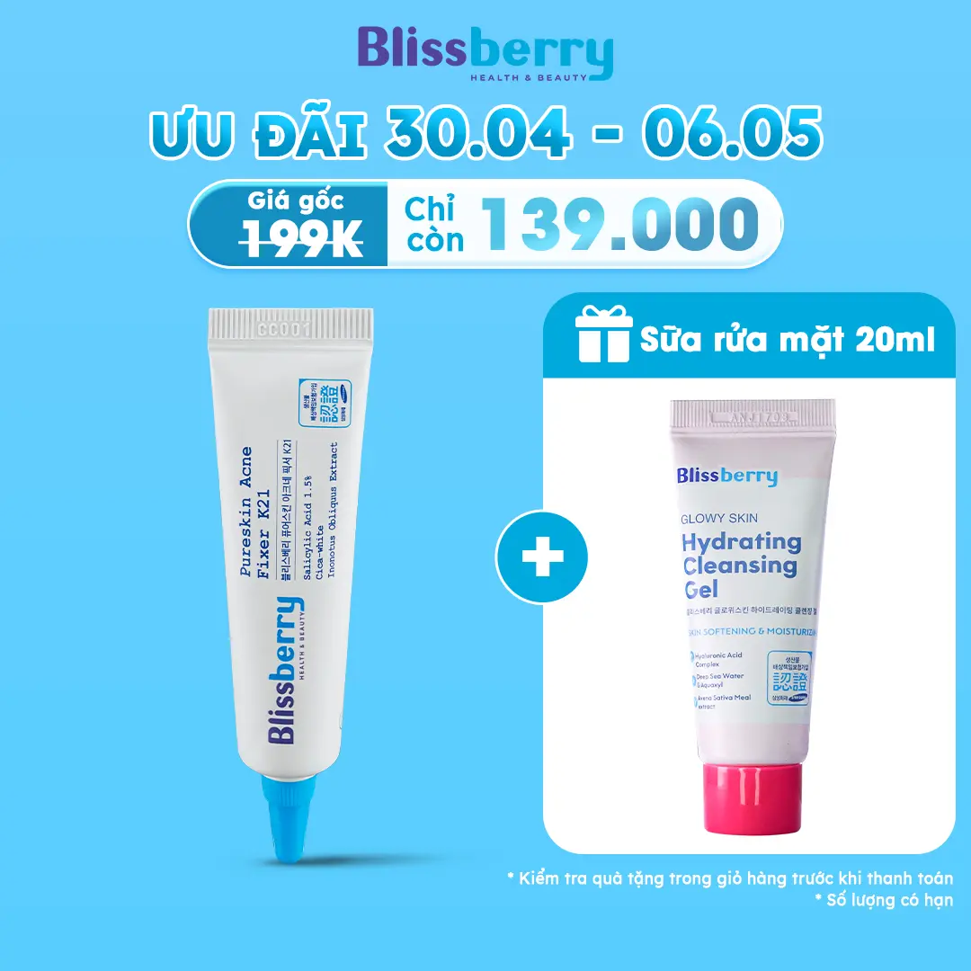 Gel hỗ trợ giảm mụn mờ thâm 1.5% BHA Blissberry Pureskin Acne Fixer K21 15ml