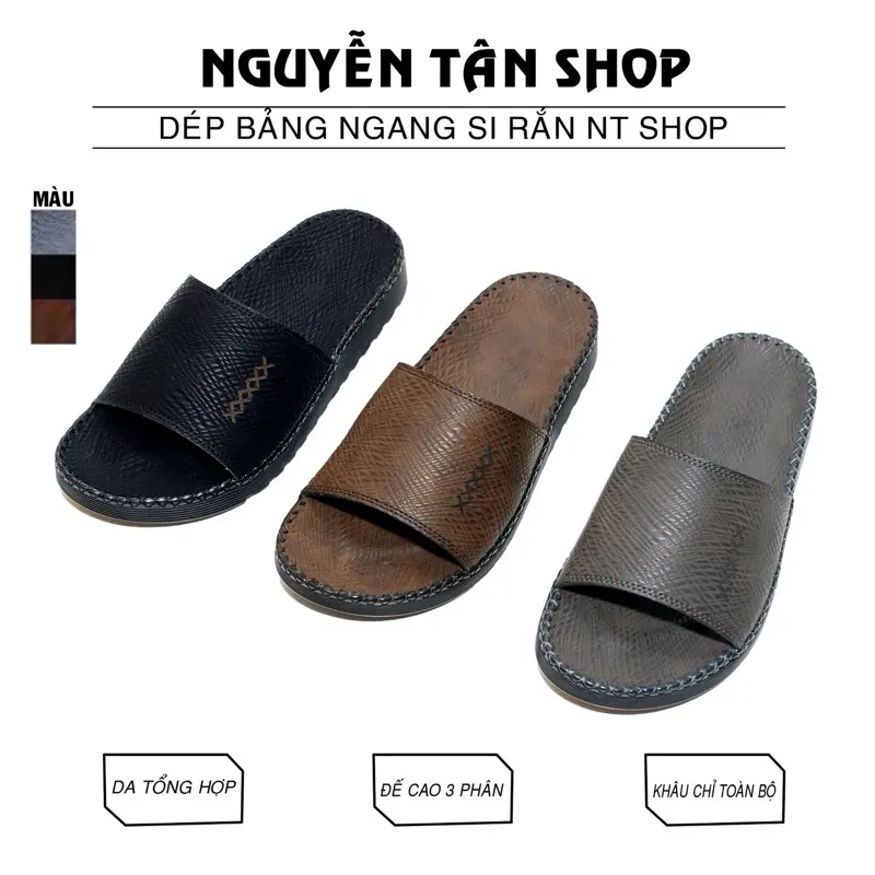 Dép Da Nam Si Rắn Đế Doctor Răng Cưa Quai Ngang Đế Bằng Chống Trơn Trượt - Slipper, Sandal