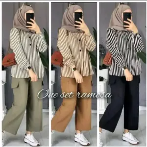 Ramosa One Set Setelan Wanita Muslim Cantik Terbaru Motif Salur Bahan Katun Micro Lembut Dewasa