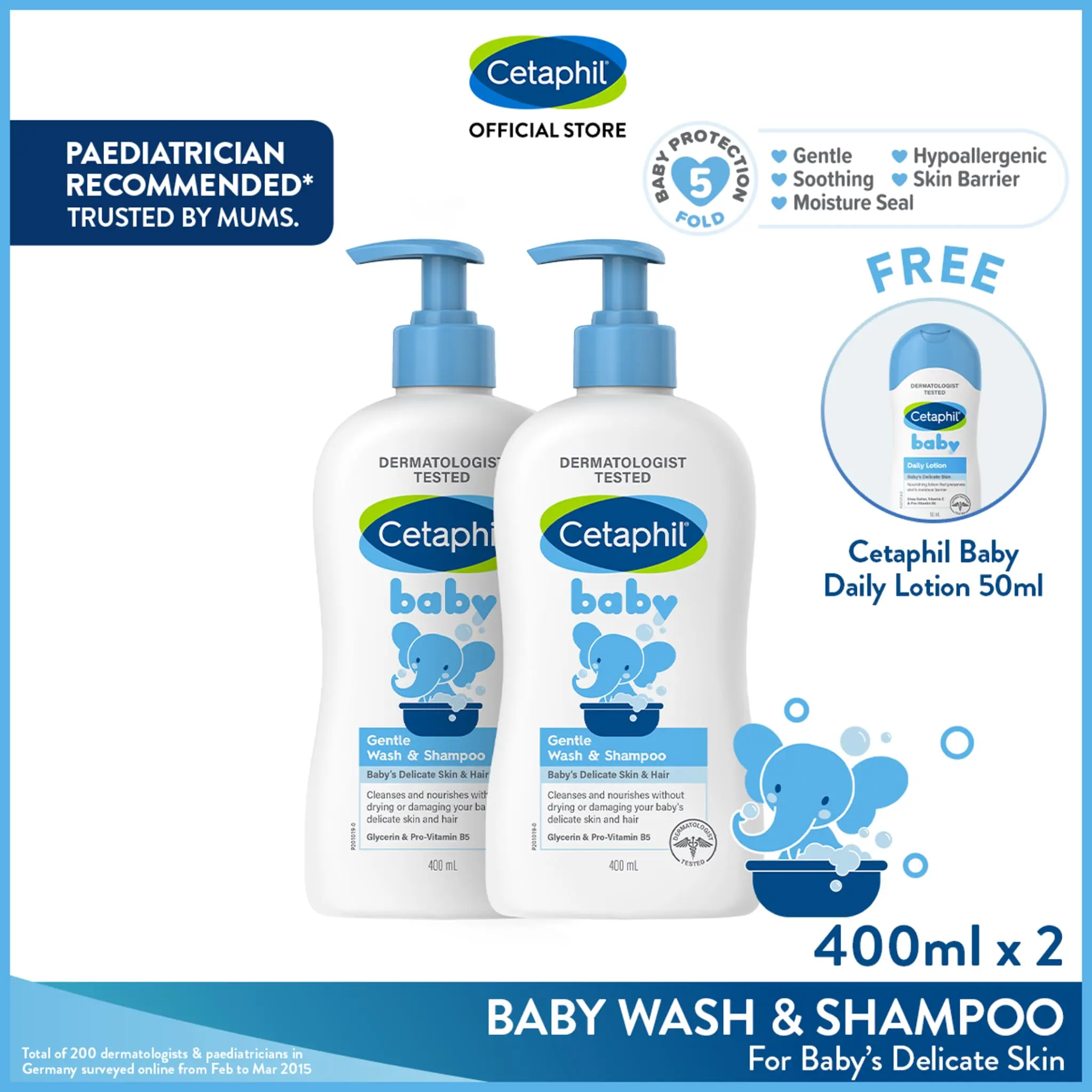 Cetaphil Baby Gentle Wash & Shampoo 400ml [Gentle & Hypoallergenic] With Glycerin and Panthenol Twin Pack + FREE Daily Lotion Sample