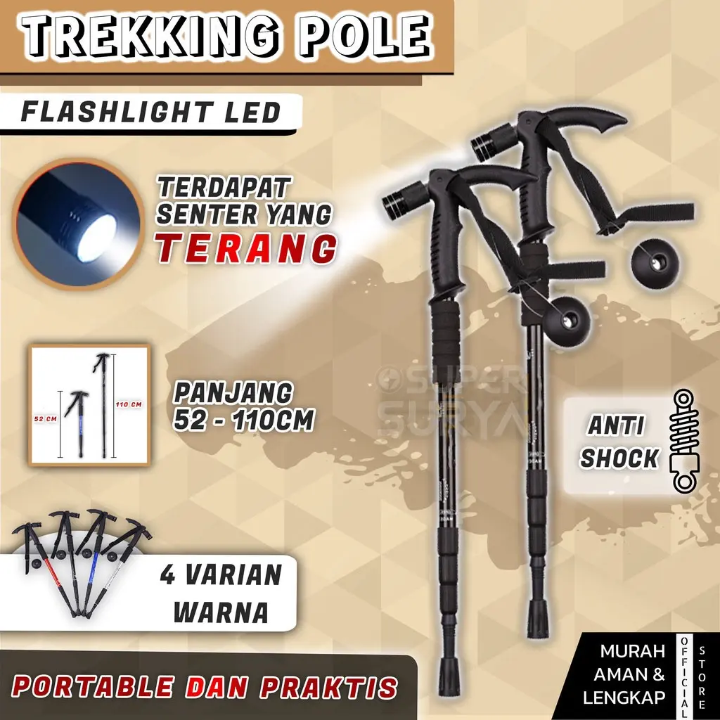 Tracking Pole Senter 110cm Antishock Lampu LED Tongkat Gunung Peralatan Mendaki