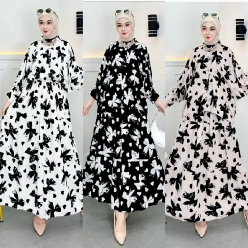 Muslimah Daily skirts set longdress Home dress Gamis midi long sleeve Rayon gamis rayon Plain flower