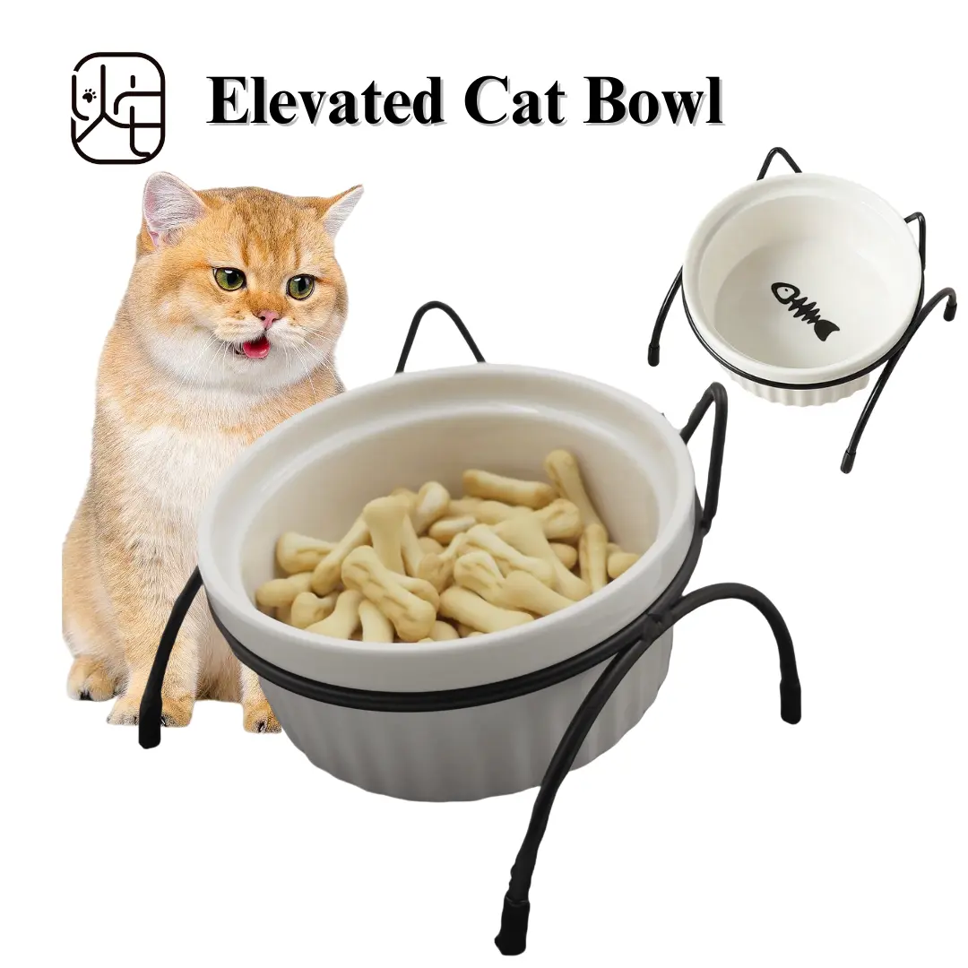 YuTaLife Pet Ceramic Feeding Bowl, Cat Elevated Bowl with   Frame, Relieves Spinal Pressure, Easy to Clean, Microwave and Dishwasher Safe