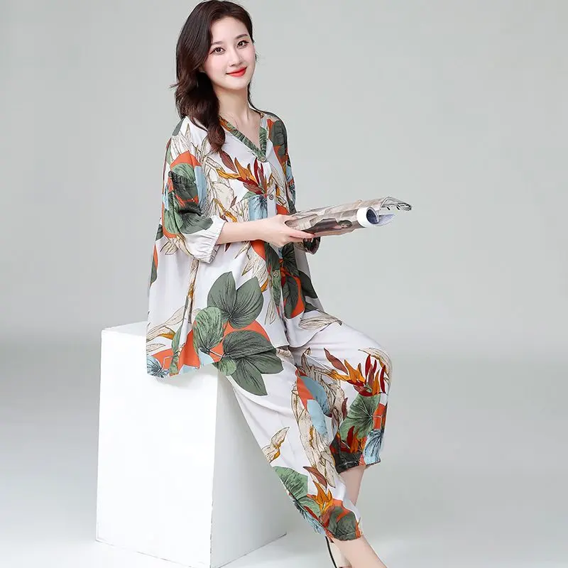 Women's Poplin Pajamas Spring Summer Cropped Sleeves Trousers Thin Suit plus Size Conditioning Clothes Homewear Suitable for Daily Wear Suit Suit Loungewear Nightwear Fashion Light Lingerie Lady Pants Pjs Longsleeve Accessory Pajama Set Floral Womenswear