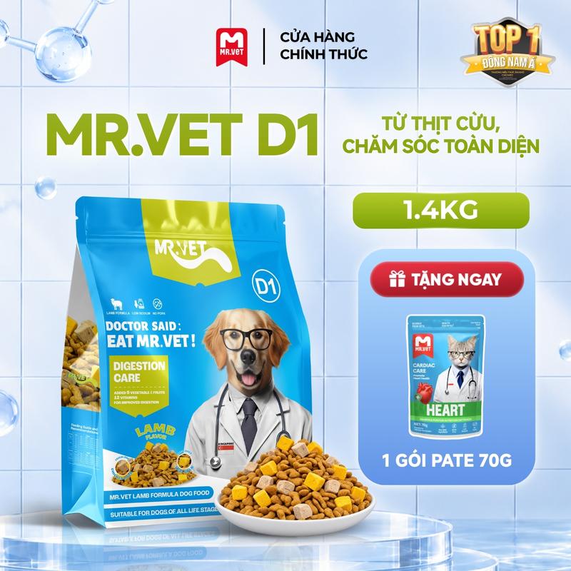 Hạt Holistic Mr.Vet Thế hệ D1 Túi 1.4kg Công thức thịt cừu non Chăm sóc hệ tiêu hóa toàn diện với topping thịt Gan gà & Lòng đỏ trứng sấy dành cho cún ở mọi lứa tuổi