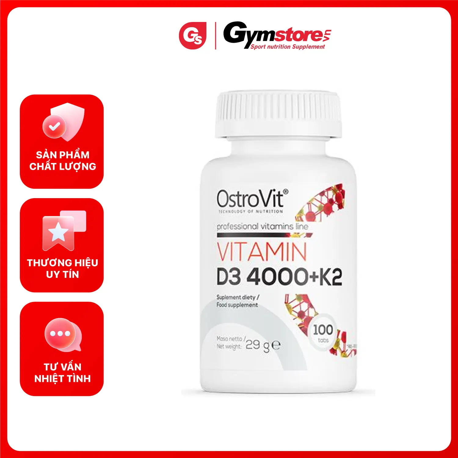 Viên uống Ostrovit Vitamin D3 4000IU + K2, 100 Tablets | Made in Poland