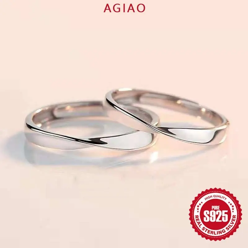 AGIAO Cincin Kawin Gaya Korea Sederhana 925 Cincin Pasangan Halus