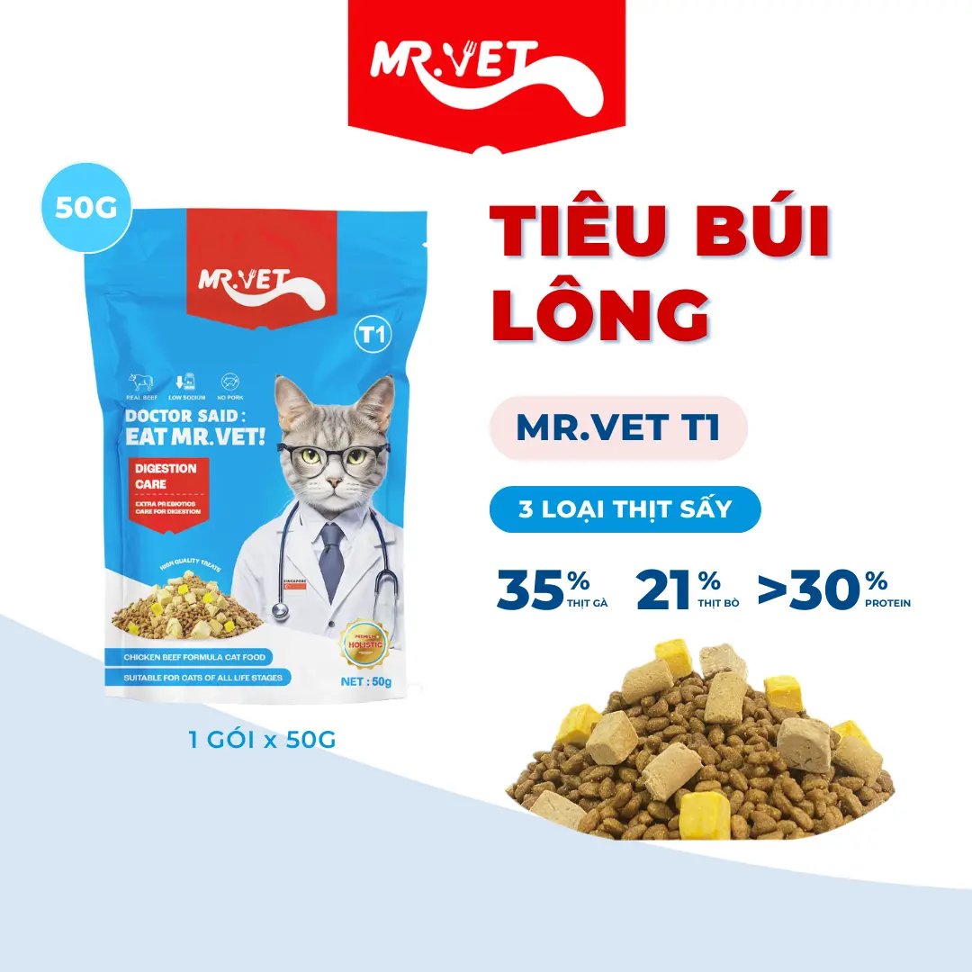 [GÓI DÙNG THỬ] Hạt Holistic Mr.Vet Thế hệ T1 Gói 50g dành cho mèo mọi lứa tuổi với 30% đạm và topping thịt tươi, gan gà, lòng đỏ trứng sấy khô