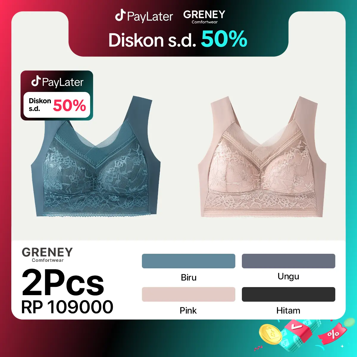 GRENEY-L.W.L-Paket bra (2PCS) Bra Rompi Bigsize L-5XL Renda Seamless Sport Push Up Bra Jumbo Big Size Tanpa Kawat Busa Tipis Bh Breathable Comfortable-89482