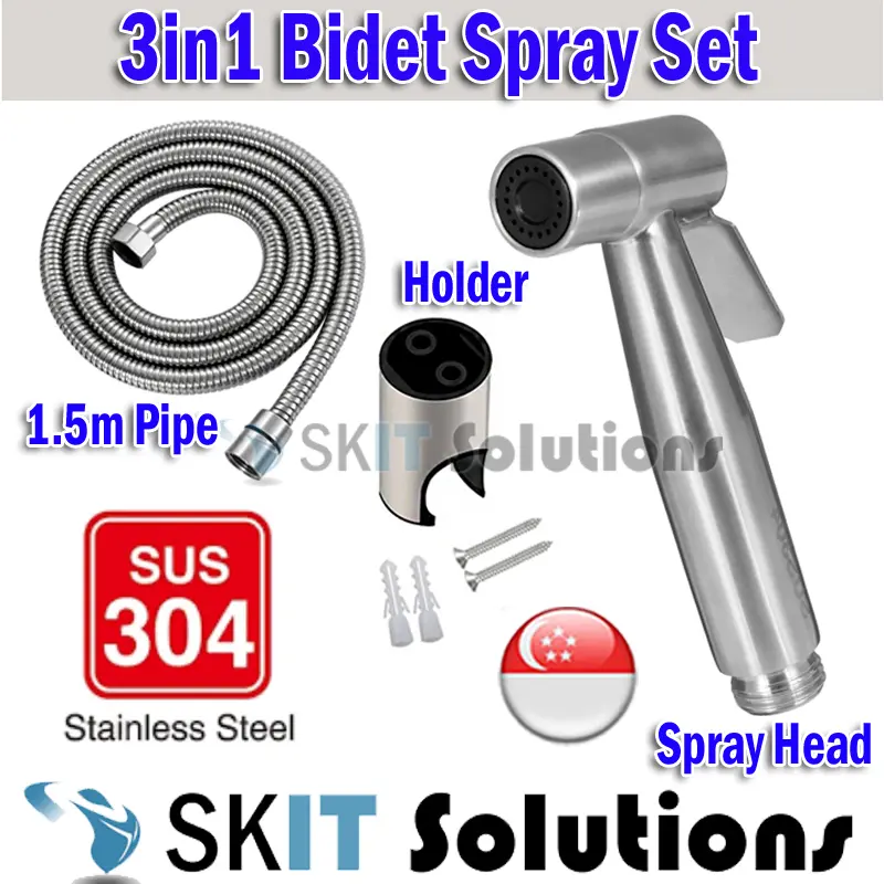 Silver / Black 3in1 Stainless Steel Toilet Handheld Bidet Spray Sprayer Set with 1.5m Hose Pipe+Wall Mount Holder for Bathroom Toilet Accessories