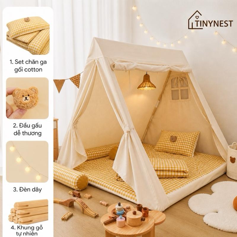 Lều Cho Bé Tại Nhà Cao Cấp TINYNEST MS04 - Lều Vải Mộc Canvas Khung Gỗ Tự Nhiên…