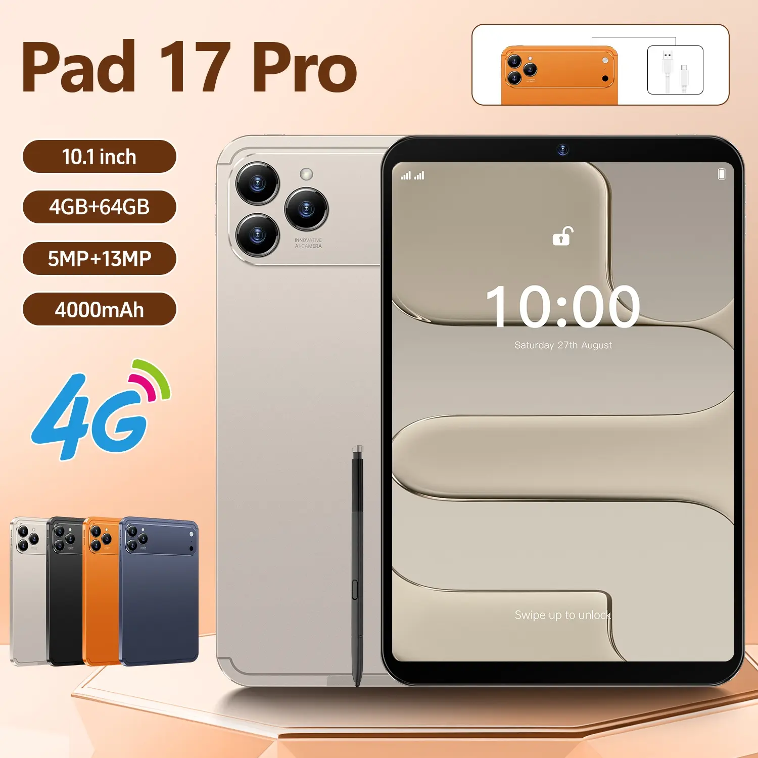 Pad 17 Pro Max Tablet - 10.1-inch Android 12 with 512GB storage