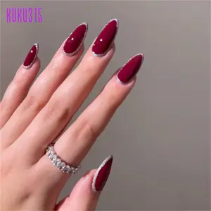 KUKU315 24pcs Kuku Palsu Full Size Merah Maroon Panjang Lancip Free Lem Nail Art Natural A3190