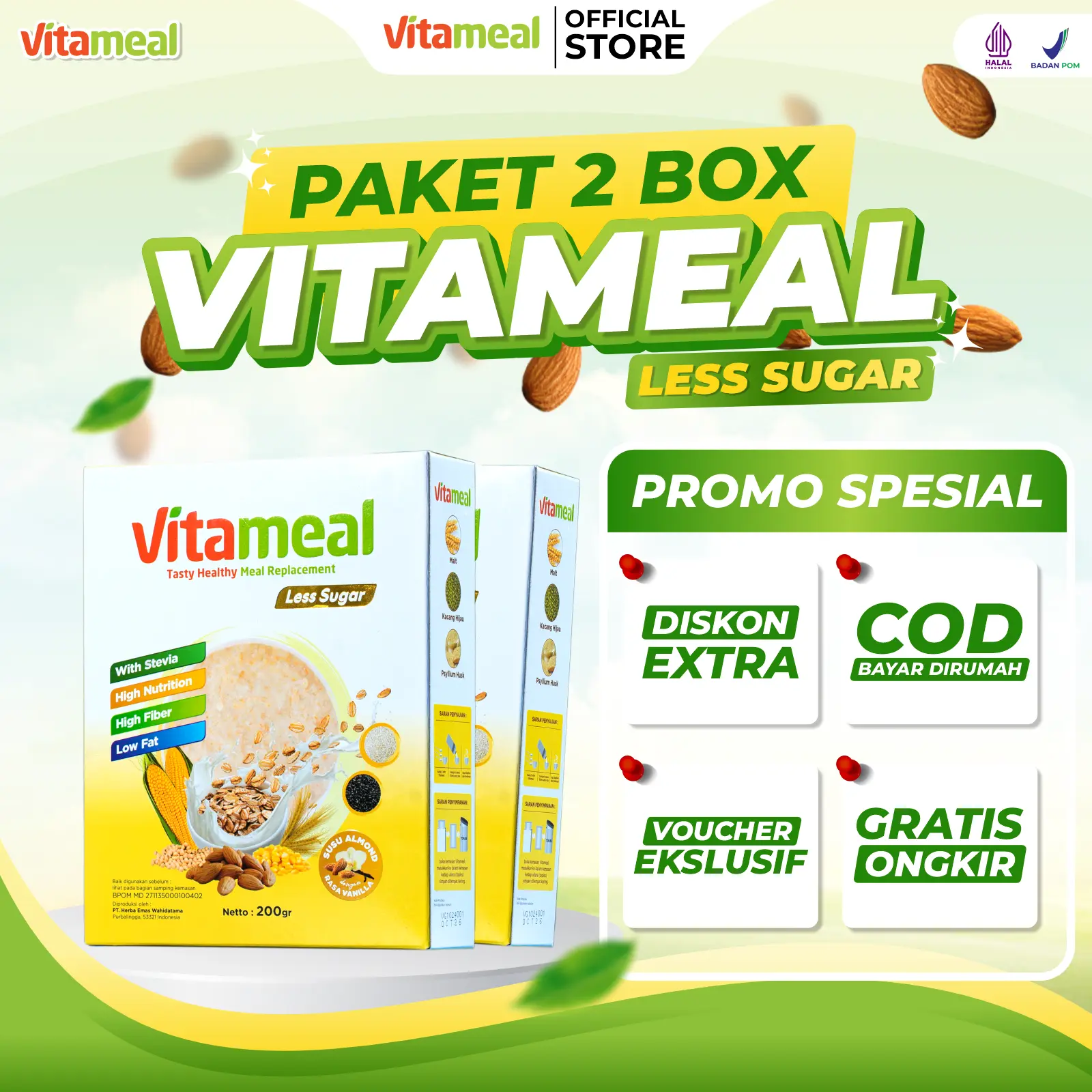 [2 BOX] VITAMEAL LESS SUGAR Original Resmi | Nutrisi Makanan Sehat | Cereal Food Granola Oatmeal | Sereal Susu Dairy Milk Almond