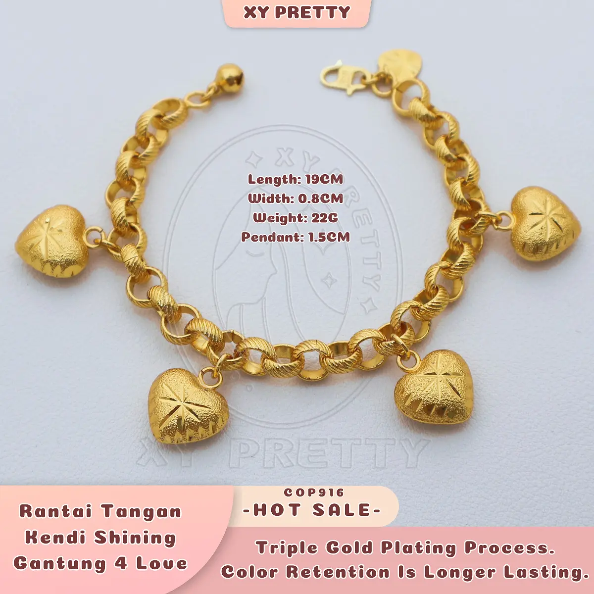 Link Chain Kendi with Dangle 4 Puff Heart Bracelet COP916 - Length: 19CM Width: 0.8CM Weight: 22G Pendant:1.5CM - Daily style - DIY size - Gold plated jewelry - Long Lasting - Hypoallergenic - XYPRETTY