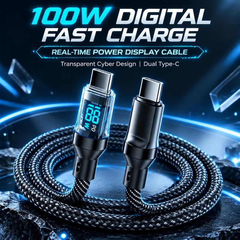 Cáp sạc nhanh TS06 120W PD từ cổng USB‑C sang USB‑C, dây cáp sạc Type‑C bện kèm màn hình hiển thị công suất kỹ thuật số cho điện thoại và laptop