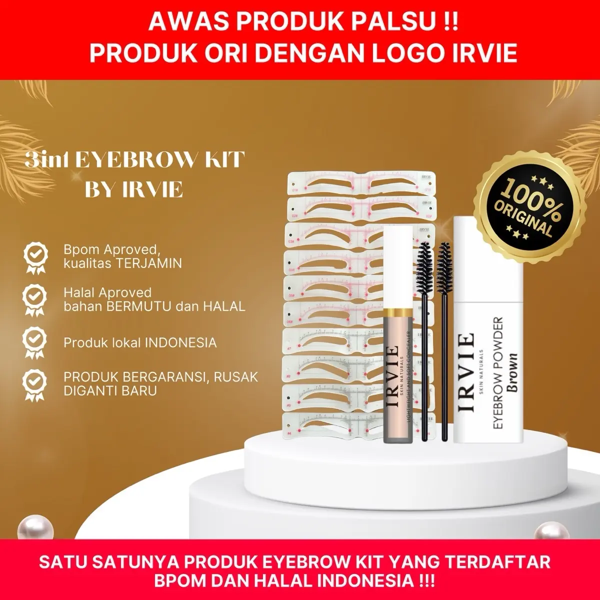 Eyebrow kit by irvie BPOM, HALAL MUI, eyebrow powder + spoolie + concealer + cetakan tali silikon isi 6 Tahan Lama waterproof