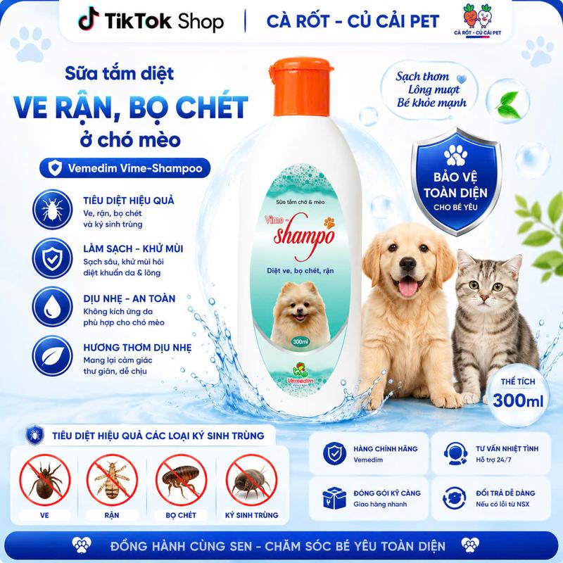 Sữa tắm diệt ve rận, bọ chét ở chó mèo Vemedim Vime-Shampoo (nắp cam) 300ml - Sữa tắm phòng lây nhiễm ve, bọ chét ở chó mèo