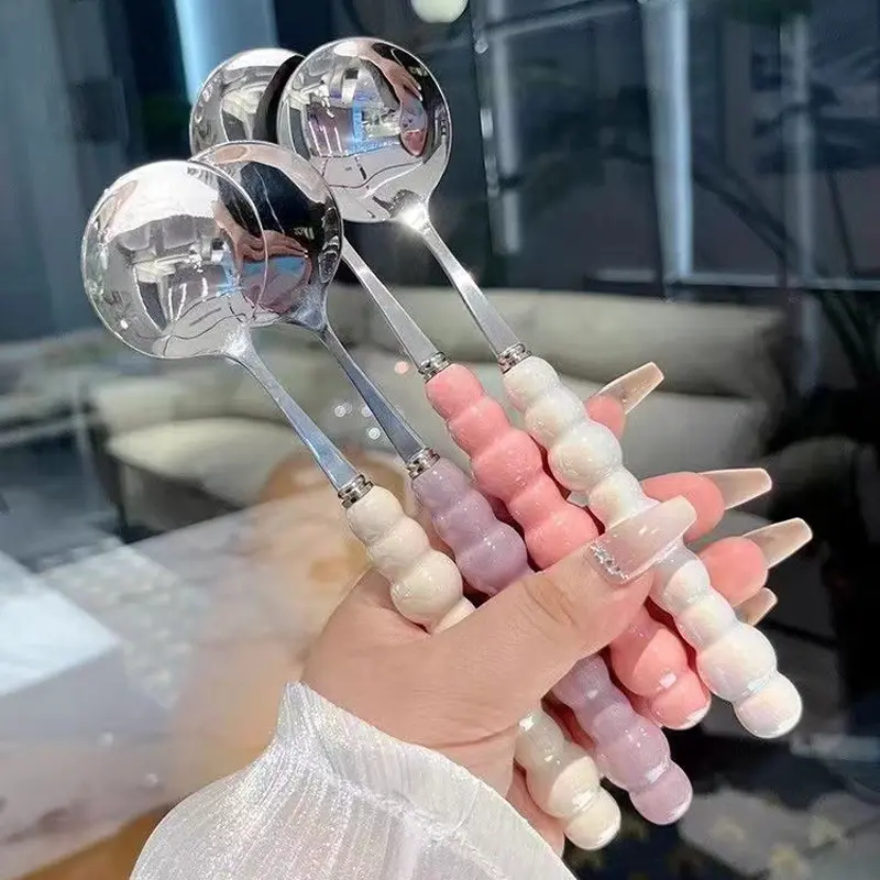 Ins Style Stainless Steel Dessert Spoon Sendok Lucu Pearl Handle Round Spoon Household Rice Spoon Kitchenware Sendok Set Makan