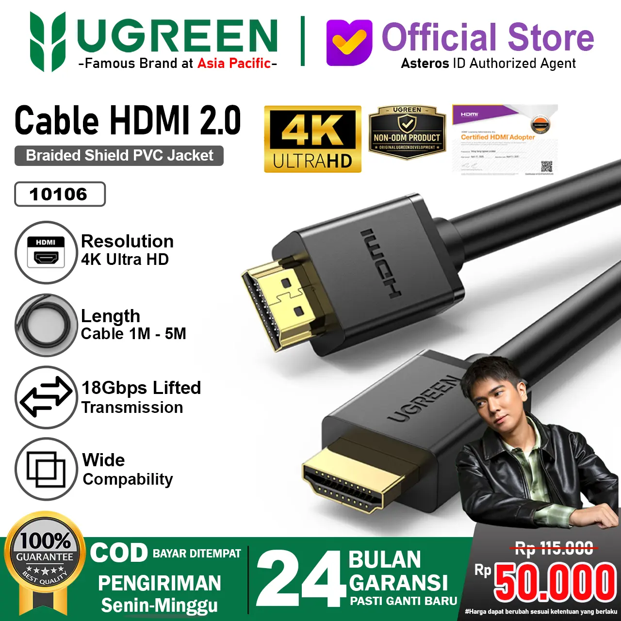 UGREEN Kabel HDMI To HDMI Male 2.0 4K Ultra HD 18Gbps Gold Plated HD104