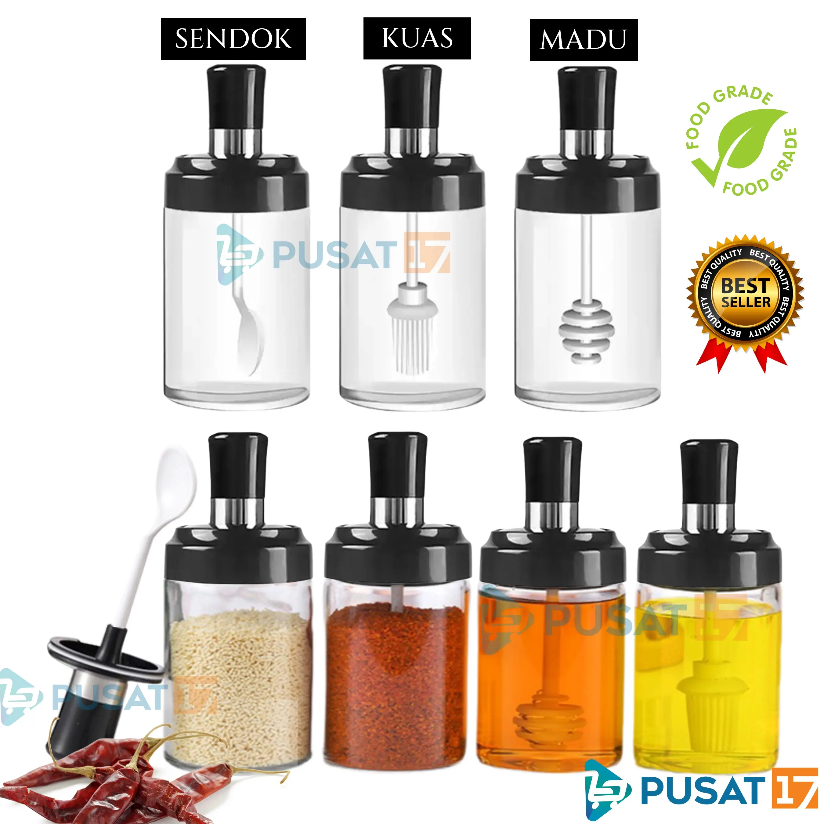 PUSAT17 BOTOL BUMBU DAPUR KACA SENDOK MADU KUAS TEMPAT BUMBU DAPUR SENDOK GARAM / SPICE BOTTLE