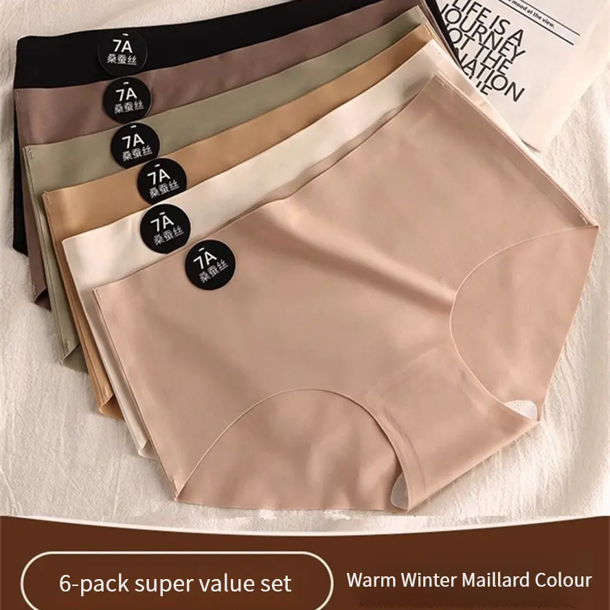 (6 pieces)  Mulberry  seamless underwear 7A, mid-rise design, suitable for ice-cold girls,  underwear set, suitable for skincare, antibacterial, suitable for all seasons wearing.  Smooth   Simple  Fits Panty Lady  Silk  Comfortable Fabric Innerwear
