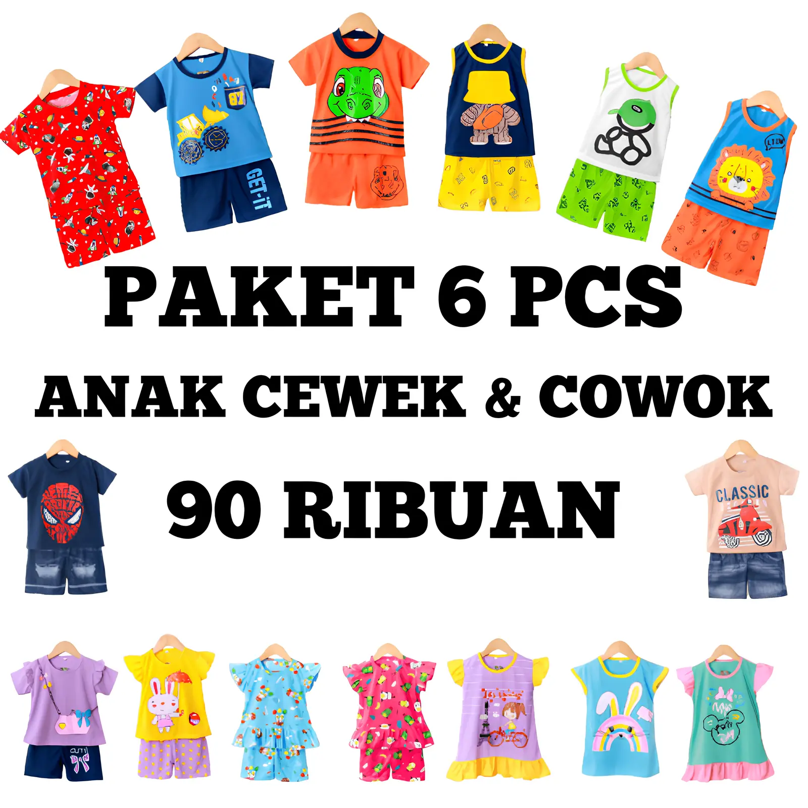 FOYA Kids-  Paket 6 PCS Setelan Baju Anak Cowok dan Cewek usia 0 - 6 Tahun