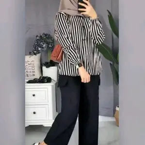 Ramosa One Set Setelan Wanita Cantik One Set Motif Salur Kemeja Bahan Katun Lembut Remaja Dewasa Keren