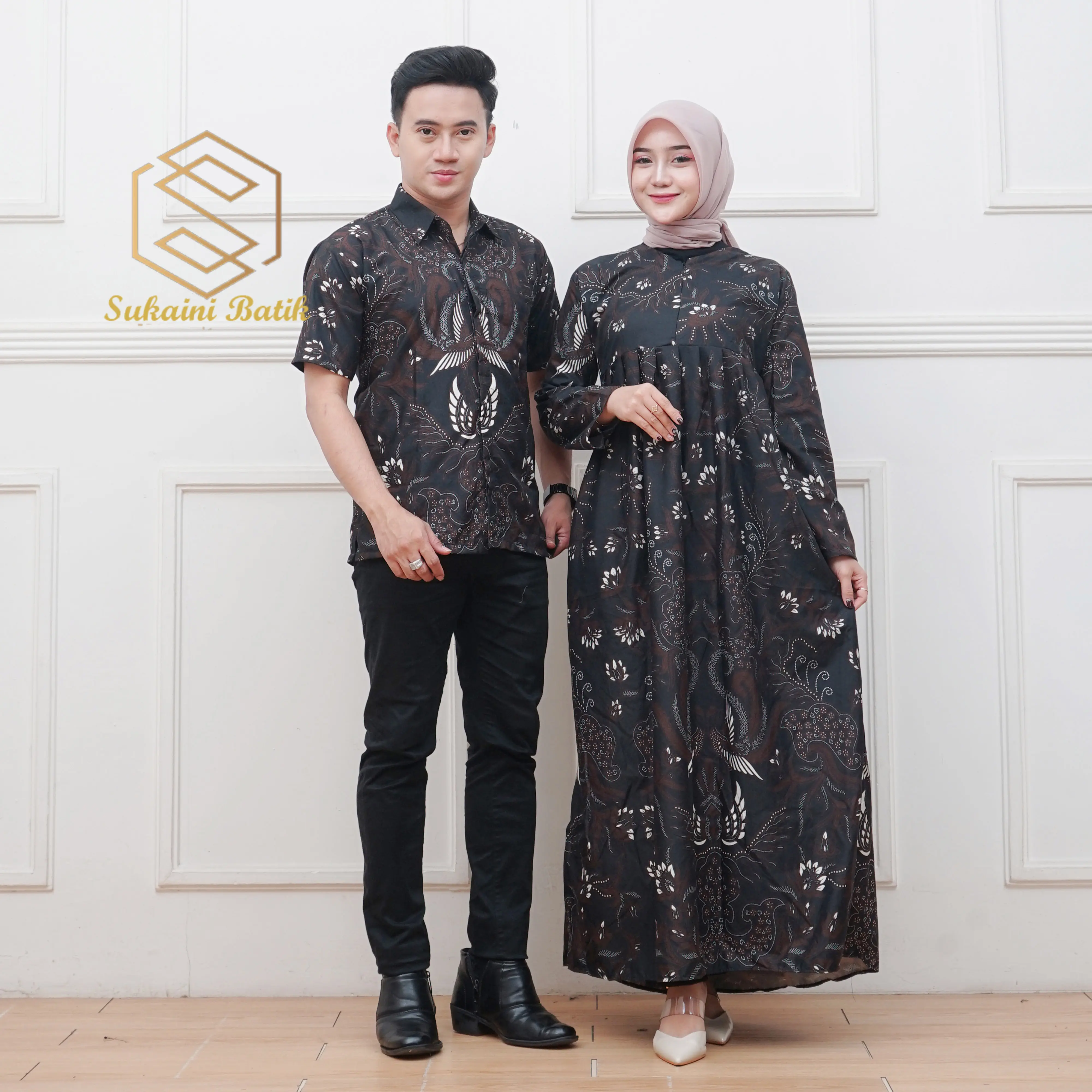 harga sepasang couple batik modern kekinian sarimbit gamis dan kemeja polyester super premium Muslim Baju Pasangan Wanita Kondangan Pesta