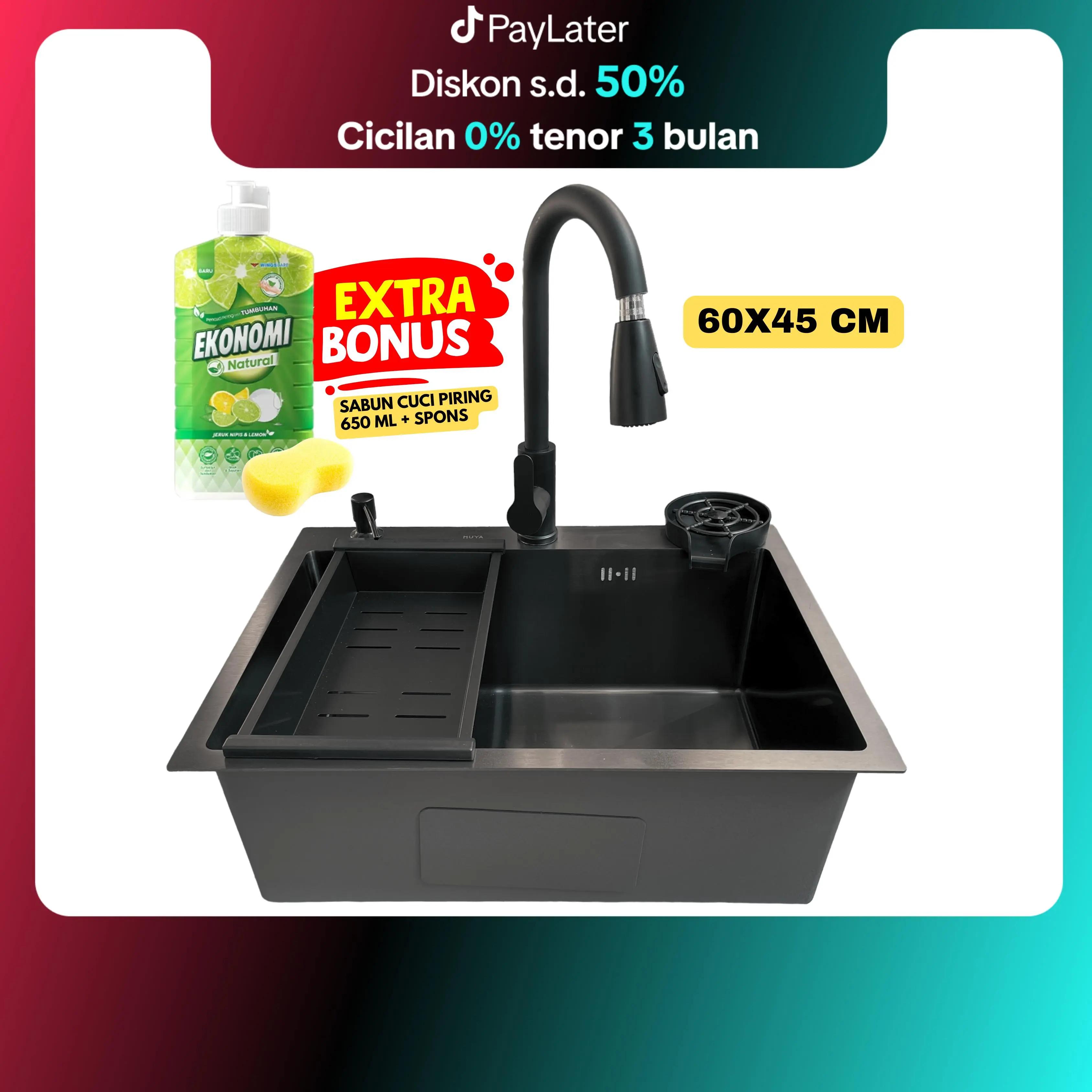 Kitchen Sink 1 Lubang Wastafel Cuci Piring 1 Lubang Bak Cuci Piring 1 Lubang Stainless Steel 6045 Hitam Anti Karat Anti Kelupas Komplit Peredam Suara set lengkap kotak tempat dapur modern premium