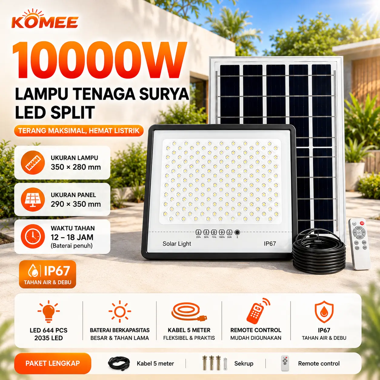 [Garansi 3 tahun]  Beli 1 Gratis 1 Lampu Tenaga Surya Lampu 10000W Tenaga Surya outdoor otomatis Lampu sorot Super Terang IP67 Tahan Air Lampu solar LED 0 biaya listrik sepanjang tahun kontrol cahaya cerdas Ada panel surya