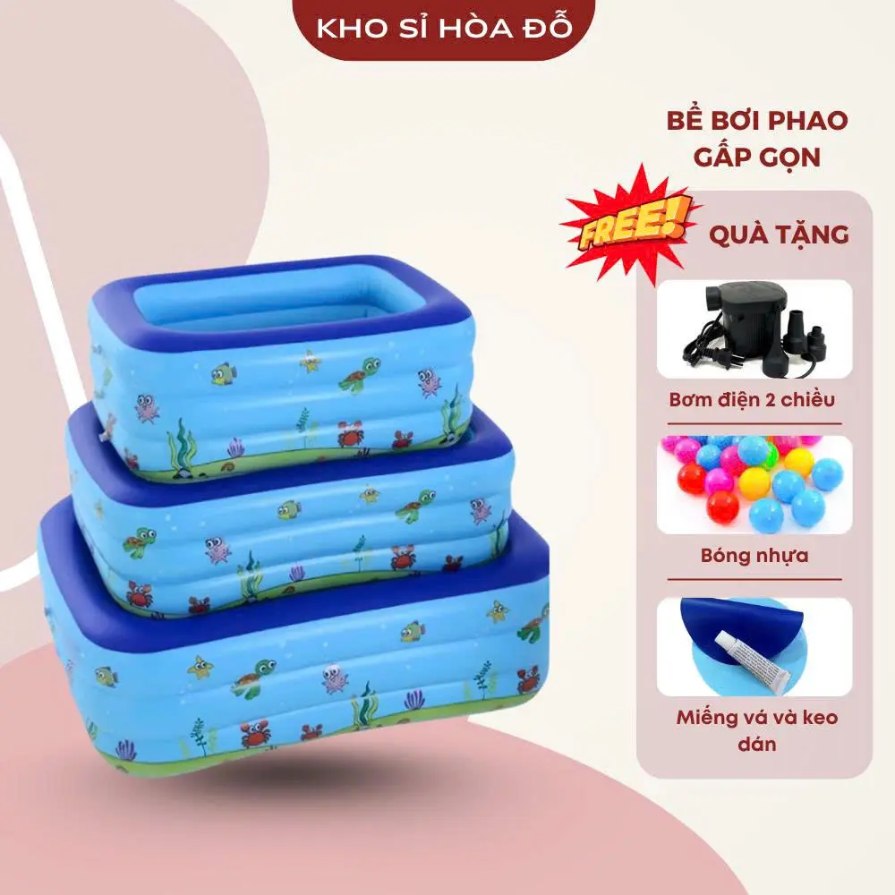 Bể Bơi, Phao Bơi Tại Nhà Gấp Gọn, Bể Cao Su Cho Bé 3 Tầng Đáy 2 Lớp Chống Trượt An Toàn Tặng kèm bơm điện, bóng nhựa - 1