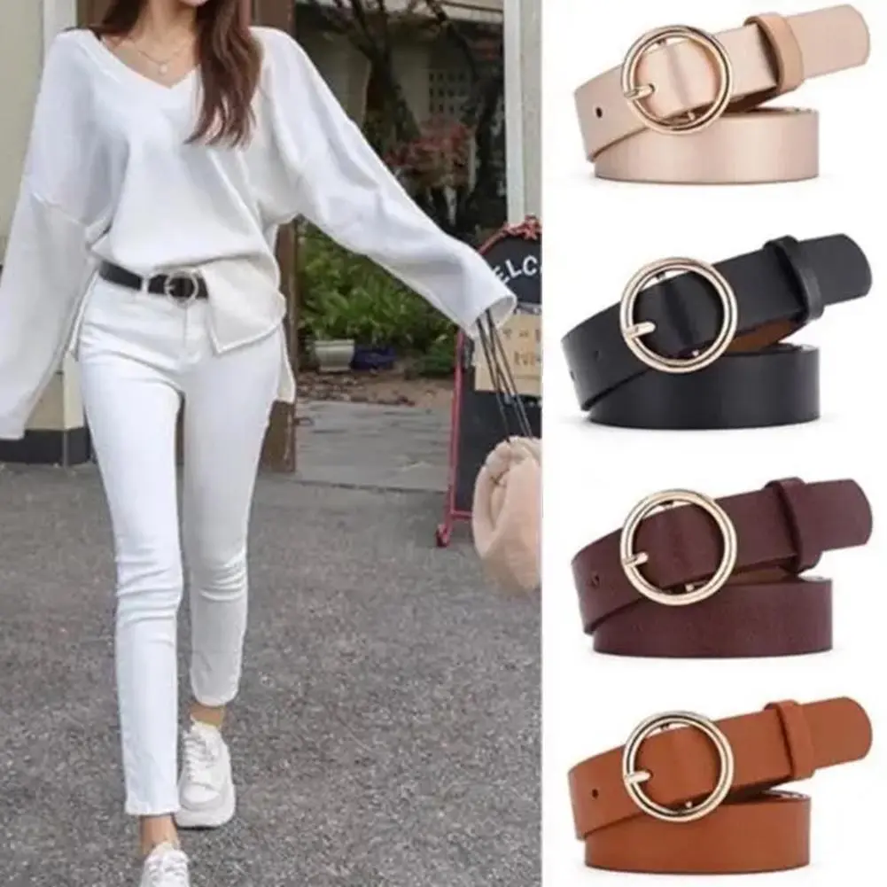 Unisex Women Girls Belts Leather Round Metal Pin Buckle Waistband Waist Belt O0T1